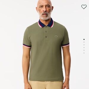 Lacoste Mini Pique Polo Khaki Green Contrasting Stripe Men's Size 5 L